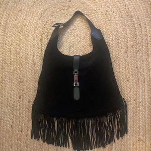 Black Suede Purse w/Fringe & Buckle Closure
